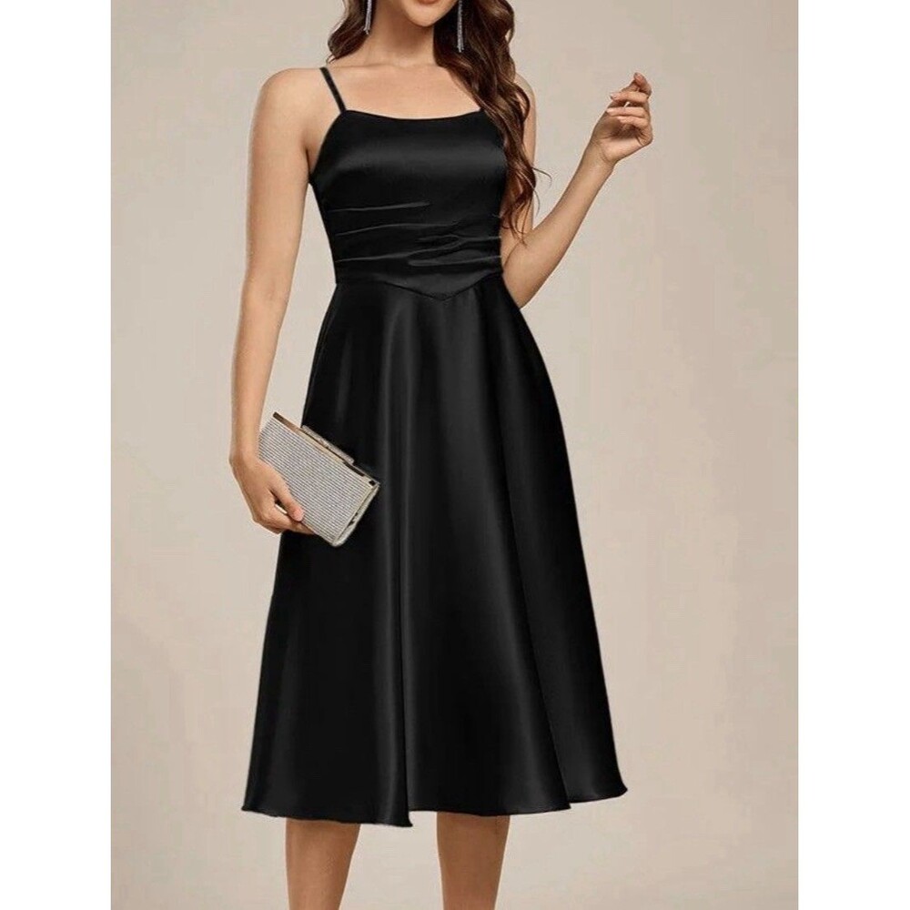 Ever-Pretty Black Satin Midi Dress Size 14 A-Line Wedding Guest Formal NWT